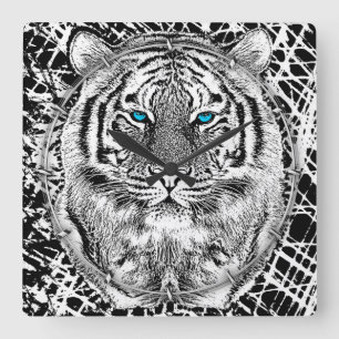Horloge Carrée Noir et Bleu Yeux Design Tiger