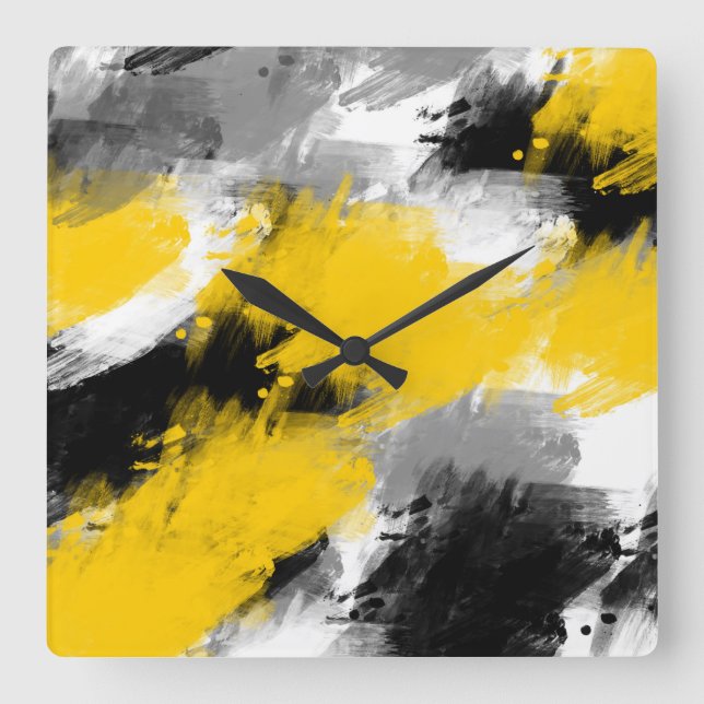 Horloge Carrée Noir Jaune Blanc Moderne Abstrait Brosses (Recto)