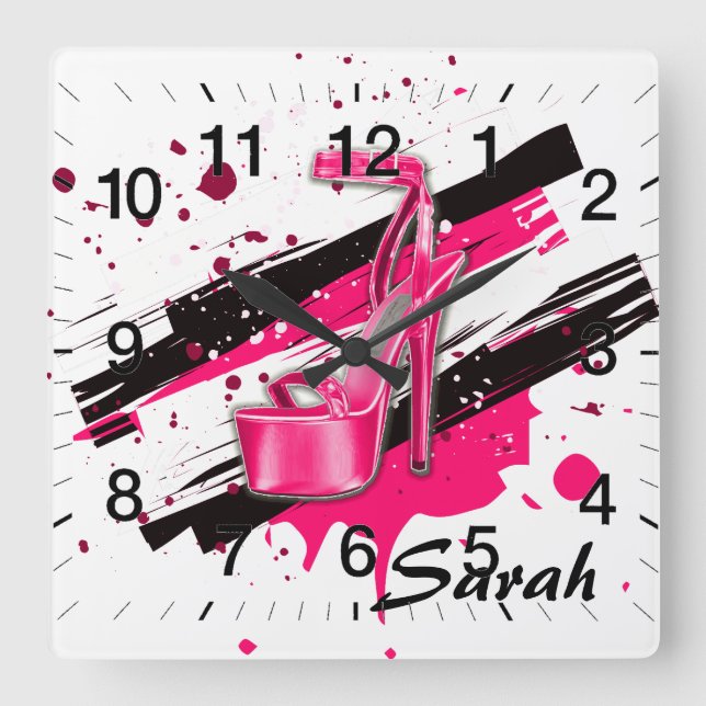 Horloge Carrée Noir, rose et blanc Hauts talons chauds (Recto)