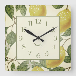 Horloge Carrée Nom de famille de citrons jaunes botaniques vintag