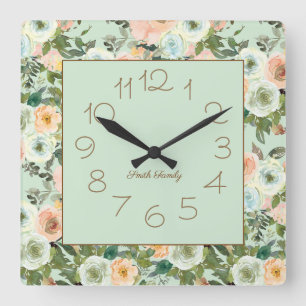 Horloge Carrée Nom de famille floral aquarelle pêche menthe