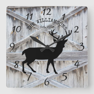 Horloge Carrée Nom de famille rustique Cabane en bois Cerf Buck G
