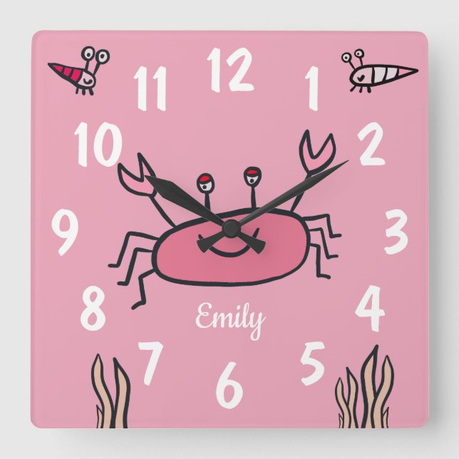 Horloge Carrée Nom de fille d'animal de mer Crabe Rose Mignon (Recto)