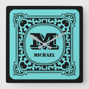 Horloge Carrée Nom de l'alphabet décoratif vert vintage monogramm