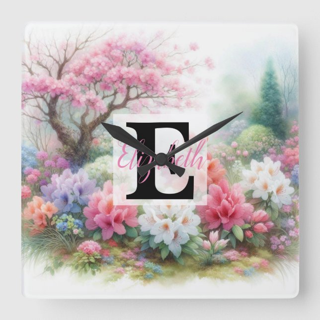 Horloge Carrée Nom du monogramme sur l'aquarelle Fleurs en pastel (Recto)