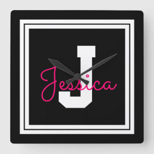 Horloge Carrée Nom et monogramme encadrés   Blanc noir et rose