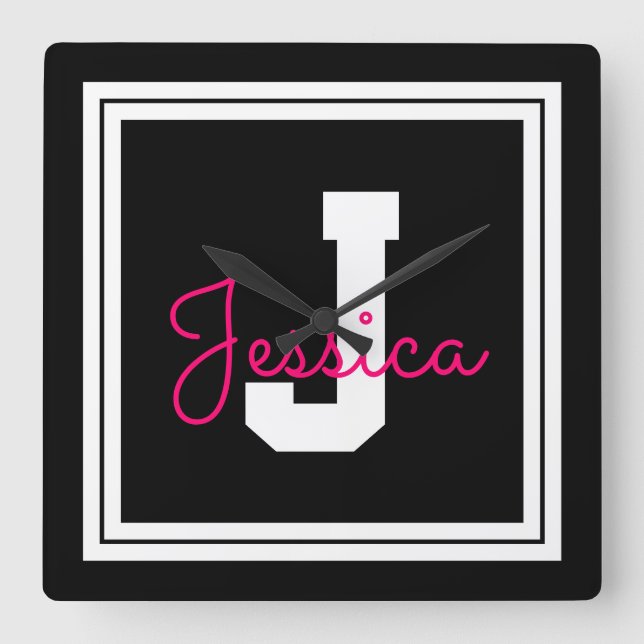 Horloge Carrée Nom et monogramme encadrés | Blanc noir et rose (Recto)