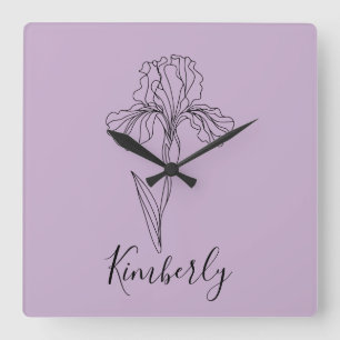 Horloge Carrée Nom personnalisé Février iris Fleur de naissance