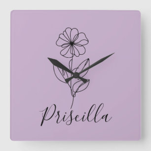 Horloge Carrée Nom personnalisé Février violet Fleur de naissance