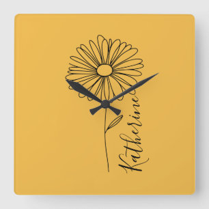 Horloge Carrée Nom personnalisé Fleur de naissance marguerite d'a