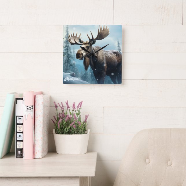 Horloge Carrée Nom personnalisé Moose d'hiver (Salle de lecture)