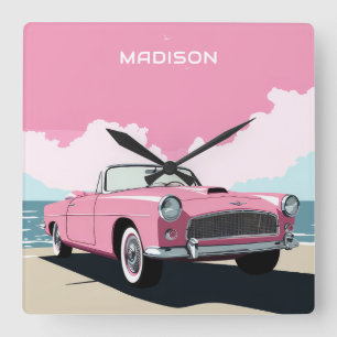 Horloge Carrée Nom personnalisé Pink Classic Car