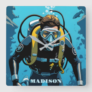 Horloge Carrée Nom personnalisé Scuba Diver