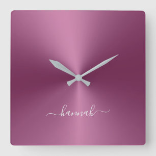 Horloge Carrée Nom personnalisé Style métallique magenta Acryli