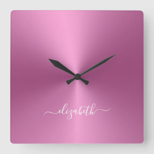 Horloge Carrée Nom personnalisé Style métallique rose doux acry