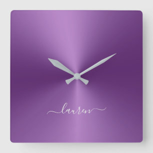 Horloge Carrée Nom personnalisé Style métallique violet acryliq