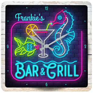 Horloge Carrée Nom personnalisé Tropical Seahorse Beach Bar and G