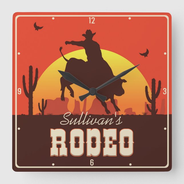 Horloge Carrée NOM Personnalisé Western Cowboy Bull Rider Rodeo (Recto)