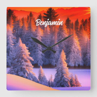 Horloge Carrée Nom personnalisé Winter Forest Sunrise Thème