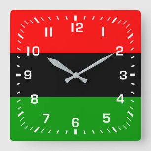 Horloge Carrée Nombres blancs / Drapeau panafricain rouge, noir e