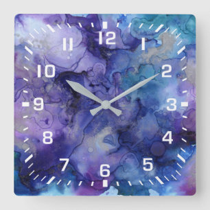 Horloge Carrée Nombres blancs / Moderne Abstrait Violet, Bleu et