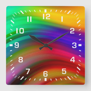 Horloge Carrée Nombres blancs / Rayures de vague arc-en-ciel