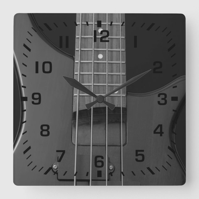 Horloge Carrée Nombres carrés noirs sur la guitare basse (Recto)