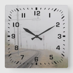 Horloge Carrée Nombres de carré noir / Voies ferrées avec brouill