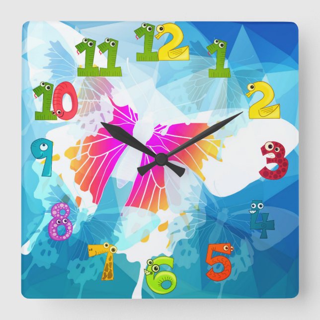 Horloge Carrée Nombres de dessin animé Éthéré d'été Papillon Beau (Recto)