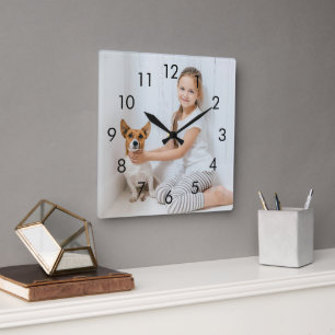 Horloge Carrée Nombres noirs simples Photo personnalisée