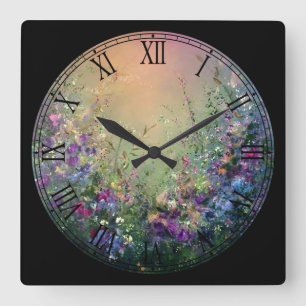 Horloge Carrée Nombres romains fleuris et florissants