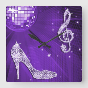 Horloge Carrée Note de musique et talon aiguille violet scintilla