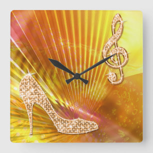 Horloge Carrée Note de musique orange scintillante et talon aigui
