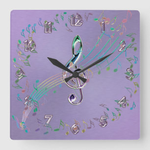 Horloge Carrée Notes de musique d'arc-en-ciel de lavande et