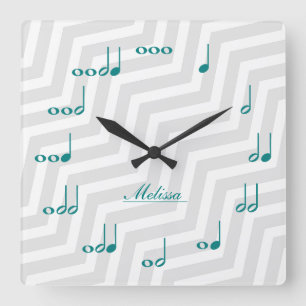 Horloge Carrée Notes personnalisées de musique - bleu et gris