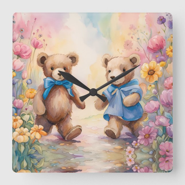 Horloge Carrée Nounours dans un jardin pastel (Recto)