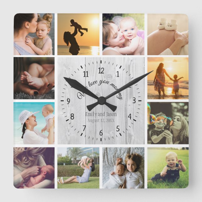 Horloge Carrée Nous vous aimons maman photo collage blanc texture (Recto)