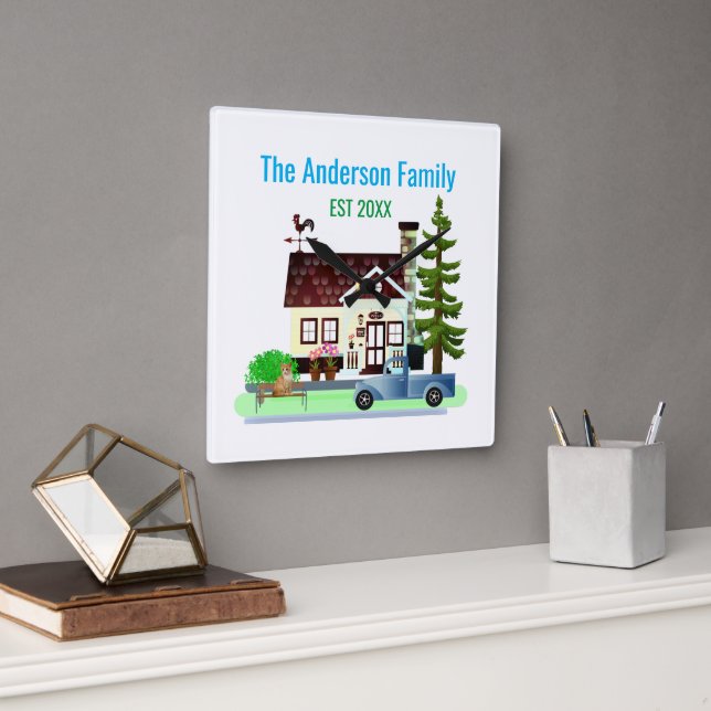 Horloge Carrée Nouvelle maison avec nom de famille (Bureau)