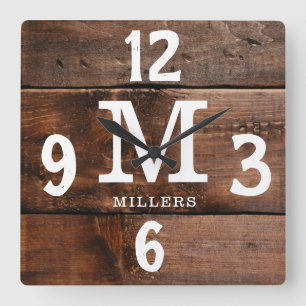 Horloge Carrée Noyer rustique Nom de famille Monogram Ferme
