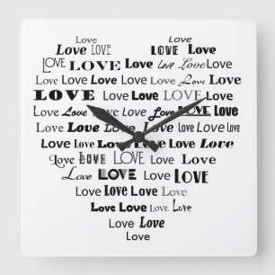 Horloge Carrée Nuage de mots Cœur d'Amour - Noir sur Blanc