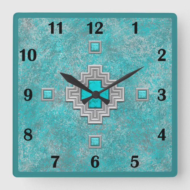 Horloge Carrée Numéros de base géométriques en pierre turquoise d (Recto)