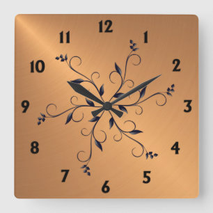 Horloge Carrée Numéros et accents noirs en cuivre brillant