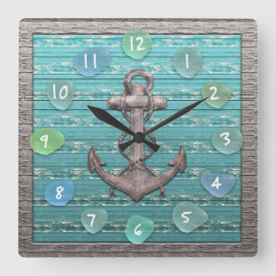 Horloge Carrée Océan en verre de bois de flottage de plage de me