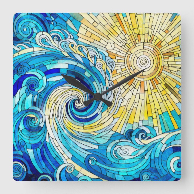 Horloge Carrée Ocean Wave Sun mosaïque art (Recto)