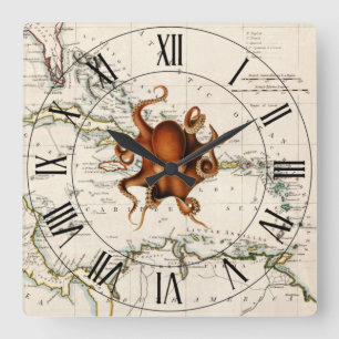 Horloge Carrée Octopus~Antilles~Carte marine 1785 des Caraïbes ~