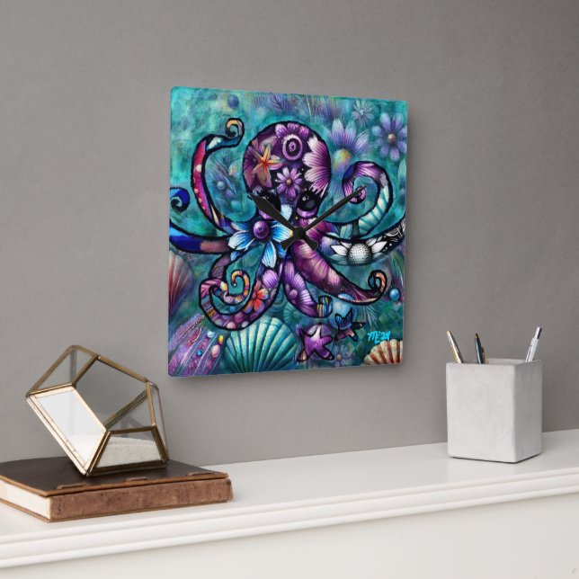 Horloge Carrée Octopus lunaire Floral Turquoise Purple Bleu Côte (Bureau)
