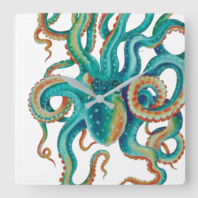 Horloge Carrée Octopus Turquoise aquarelle Art (Recto)