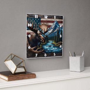 Horloge Carrée Oie devant la montagne et drapeau américain