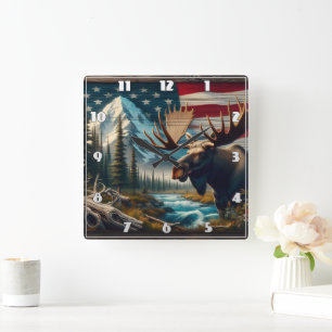Horloge Carrée Oie près de la rivière avec des montagnes et drape