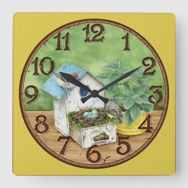 Horloge Carrée Oiseau avec Birdhouse (Recto)